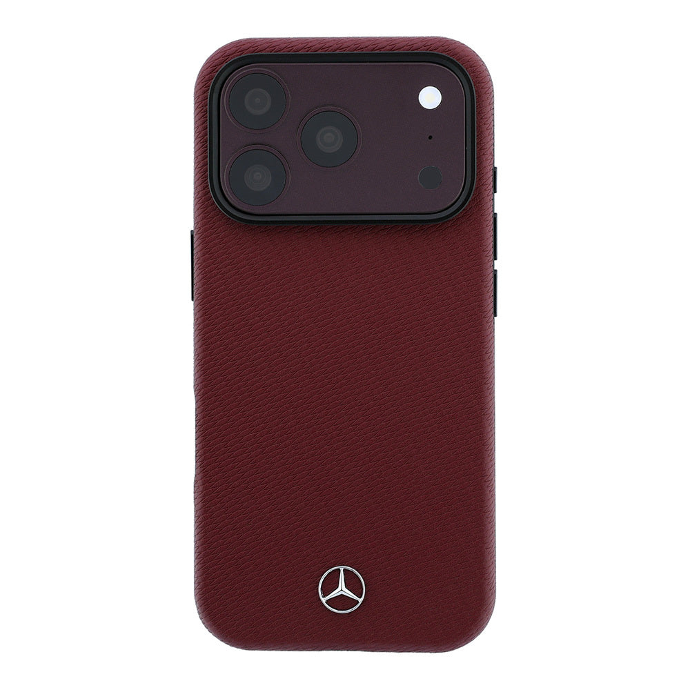 Apple iPhone 18 Pro Kılıf Mercedes Benz Orjinal Lisanslı M-safe Şarj Özellikli 3D Metal Logolu Wrap Wood Deri Kapak Bordo