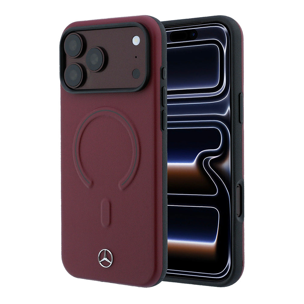 Apple iPhone 18 Pro Kılıf Mercedes Benz Orjinal Lisanslı M-safe Şarj Özellikli Metal Yıldız Logolu Kabartmalı Deri Kapak Bordo