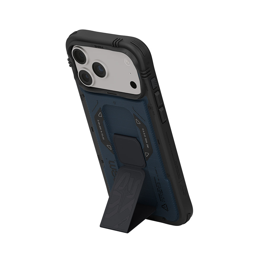 Apple iPhone 18 Pro Kılıf SkinArma M-safe Şarj Özellikli Airbag Tasarımlı Standlı Phantom Kapak Mavi