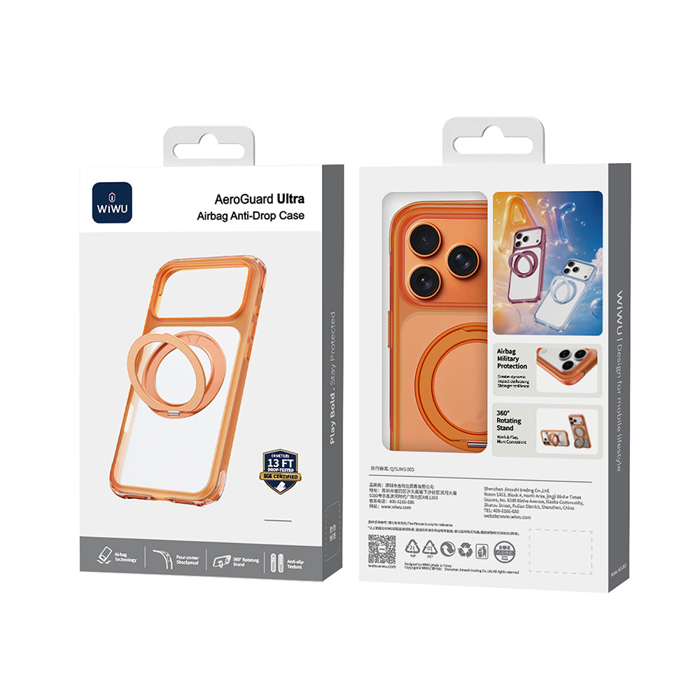 Apple iPhone 18 Pro Kılıf Wiwu AG-203 AeroGuard Ultra Serisi M-safe Şarj Özellikli Airbag Tasarımlı Standlı Kapak Turuncu