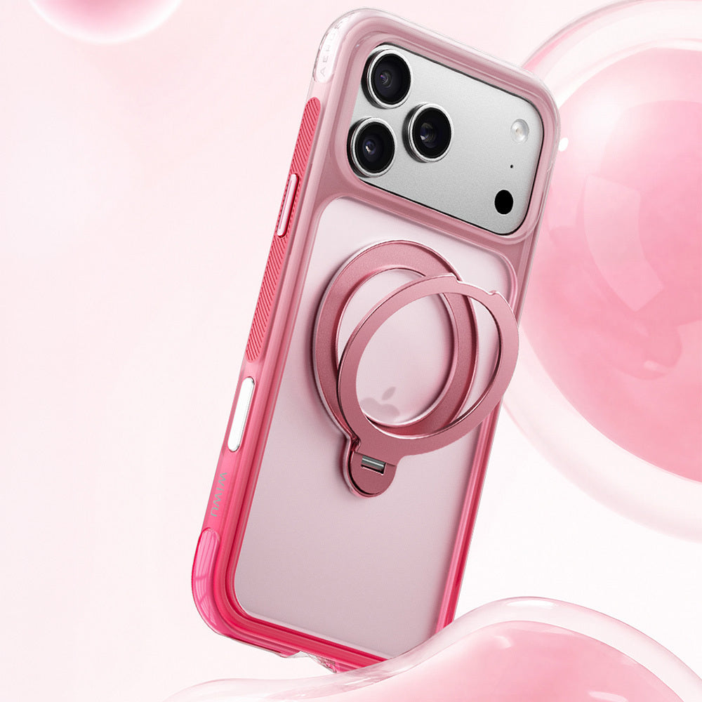 Apple iPhone 18 Pro Kılıf Wiwu AS-204 AeroShield Aurora Ultra Serisi M-safe Şarj Özellikli Airbag Tasarımlı Standlı Kapak Pembe
