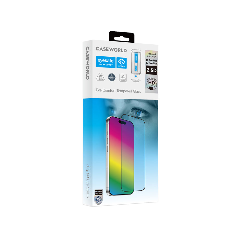 Apple iPhone 18 Pro Max CaseWorld Applicator Serisi 2.5D Eyesafe Mavi Işık Teknolojili Safir 0.33mm Temperli Cam Ekran Koruyucu + Uygulama Aparatı Şeffaf