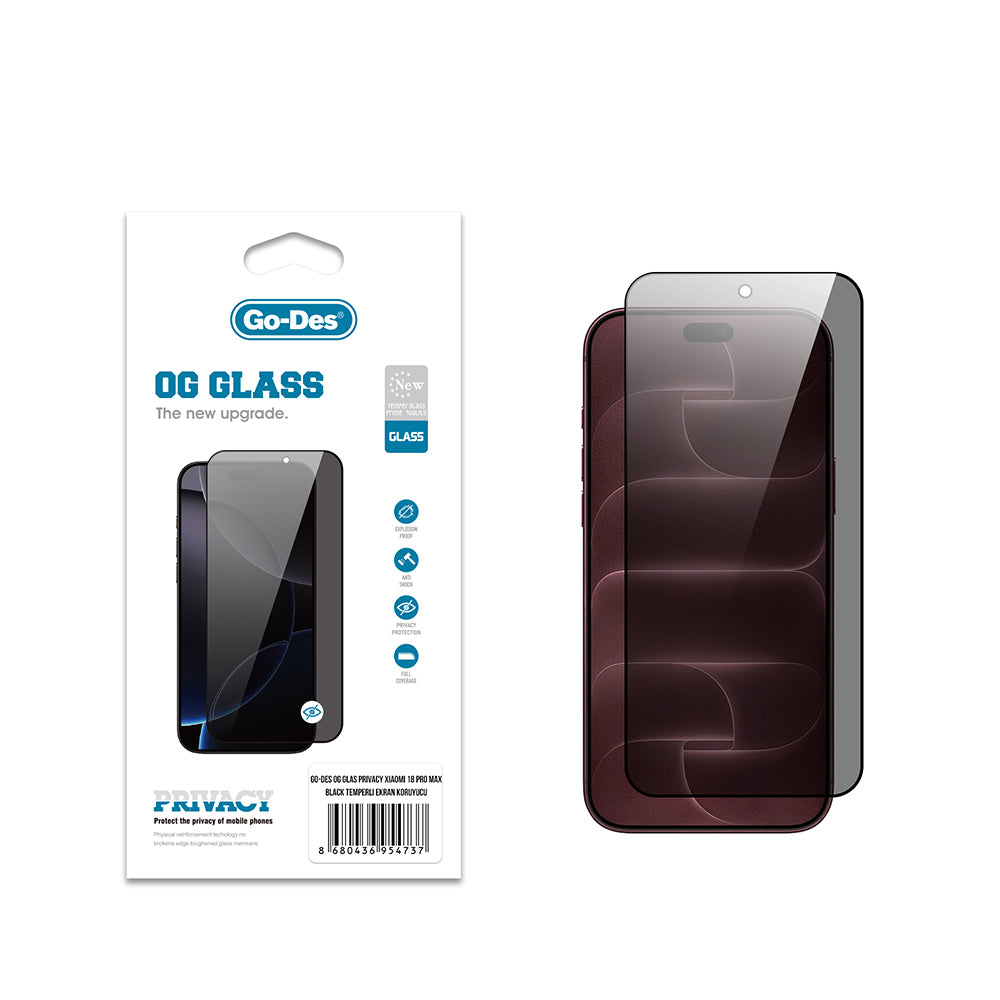 Apple iPhone 18 Pro Max Go Des OG Glass Privacy Antistatik Temperli Cam Ekran Koruyucu Siyah
