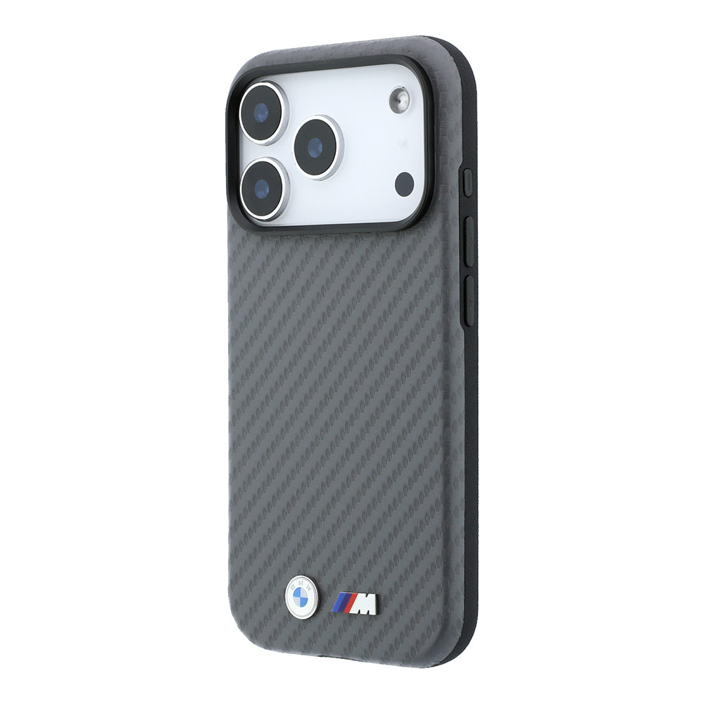 Apple iPhone 18 Pro Max Kılıf BMW Orjinal Lisanslı M-safe Şarj Özellikli Karbon Fiber Tasarımlı ve Metal Logolu PU Deri Kapak Gri