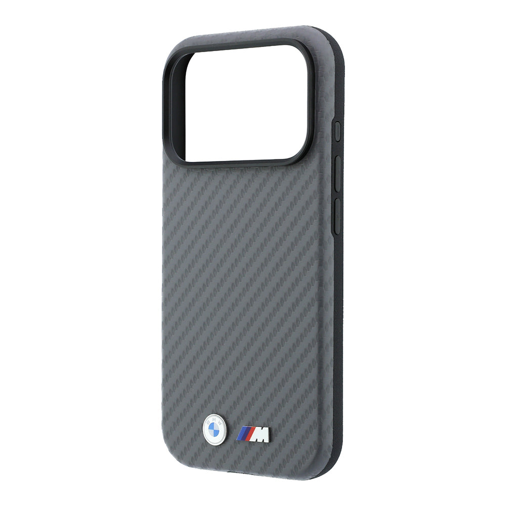 Apple iPhone 18 Pro Max Kılıf BMW Orjinal Lisanslı M-safe Şarj Özellikli Karbon Fiber Tasarımlı ve Metal Logolu PU Deri Kapak Gri
