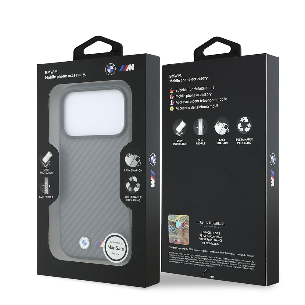 Apple iPhone 18 Pro Max Kılıf BMW Orjinal Lisanslı M-safe Şarj Özellikli Karbon Fiber Tasarımlı ve Metal Logolu PU Deri Kapak Gri