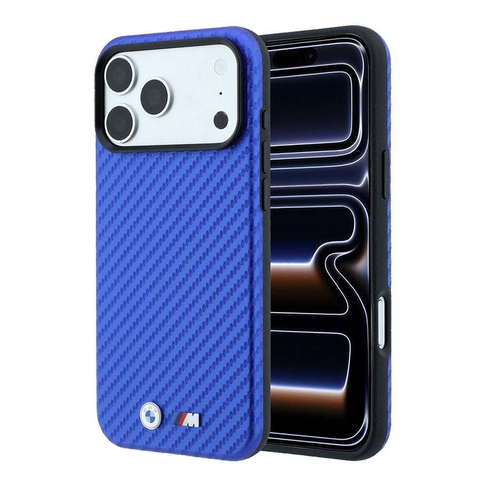 Apple iPhone 18 Pro Max Kılıf BMW Orjinal Lisanslı M-safe Şarj Özellikli Karbon Fiber Tasarımlı ve Metal Logolu PU Deri Kapak Mavi