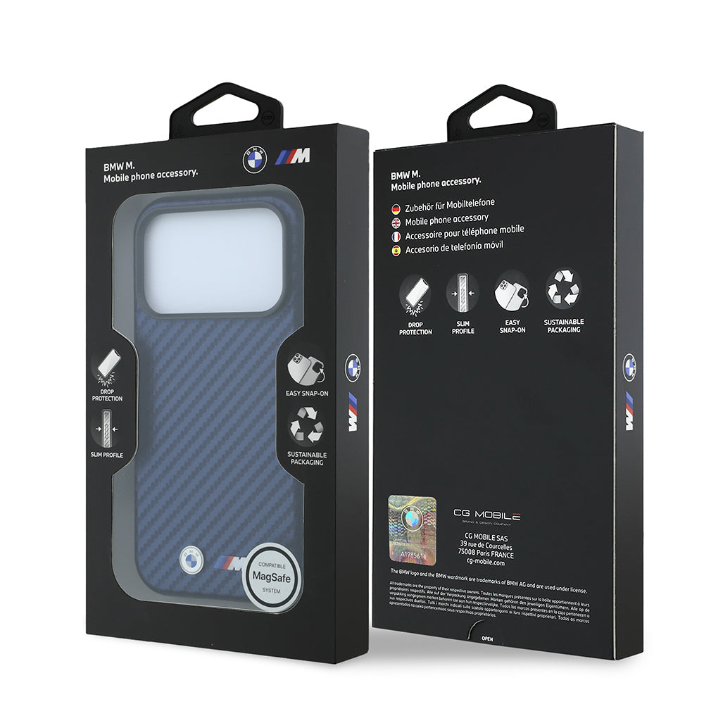 Apple iPhone 18 Pro Max Kılıf BMW Orjinal Lisanslı M-safe Şarj Özellikli Karbon Fiber Tasarımlı ve Metal Logolu PU Deri Kapak Lacivert