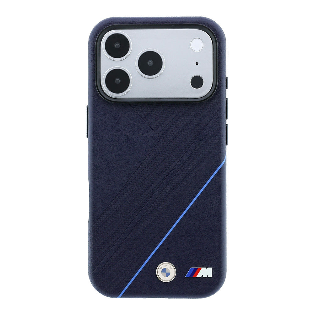 Apple iPhone 18 Pro Max Kılıf BMW Orjinal Lisanslı M-safe Şarj Özellikli M Logolu Lastik İzi Desenli Mavi Çizgili Kapak Lacivert
