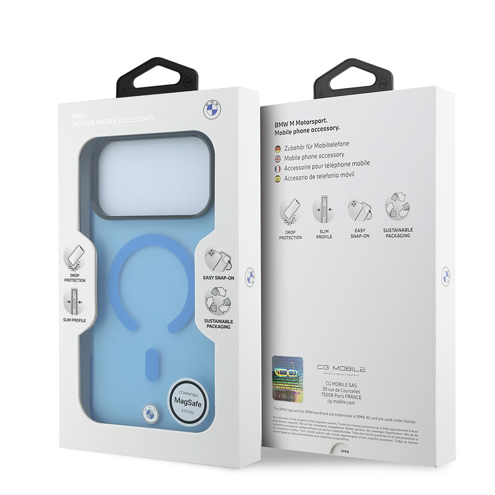 Apple iPhone 18 Pro Max Kılıf BMW Orjinal Lisanslı M-safe Şarj Özellikli Metal Logolu Buzlu IML Baskılı Kapak Mavi