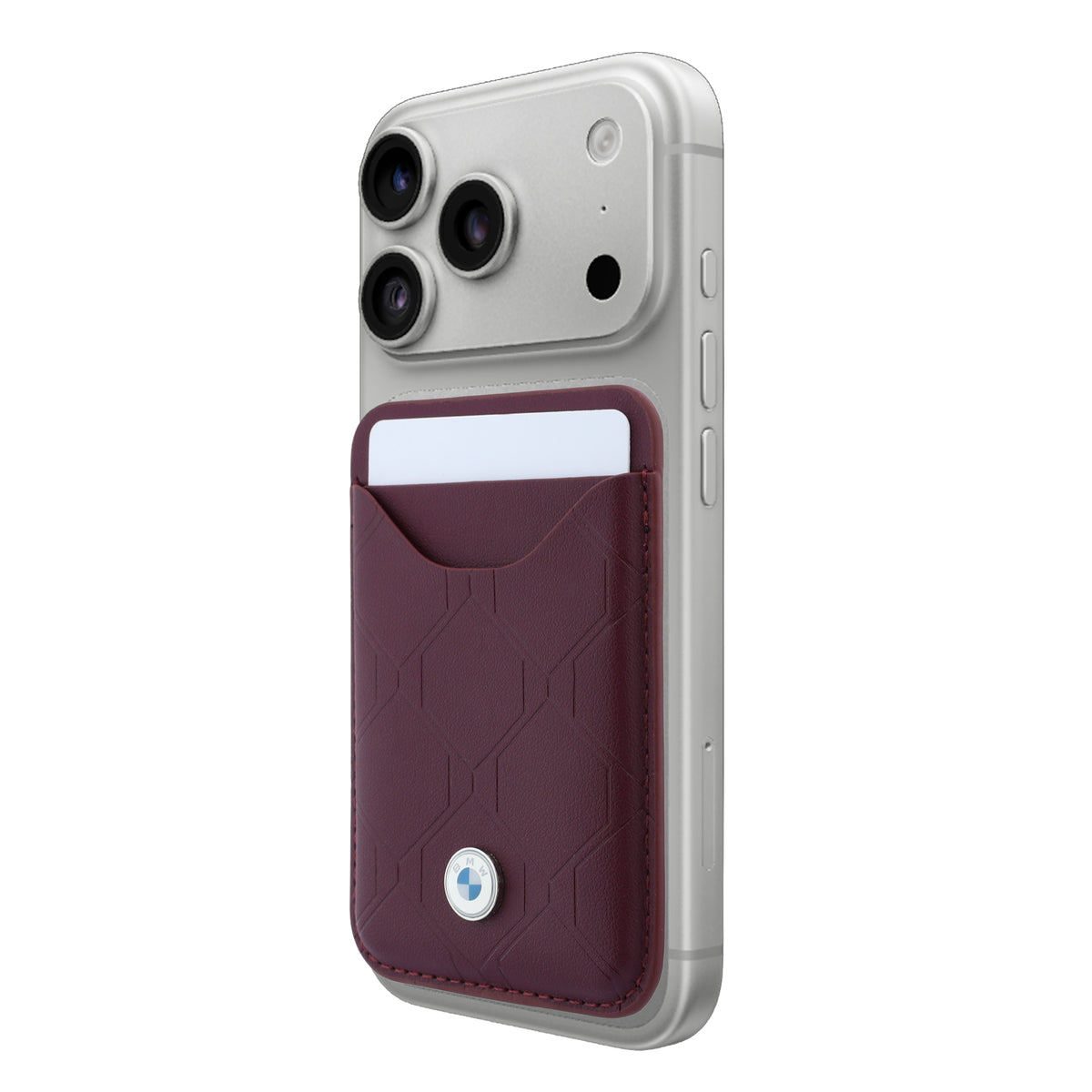 Apple iPhone 18 Pro Max Kılıf BMW Orjinal Lisanslı M-safe Şarj Özellikli Metal Logolu Kabartmalı Kapitone Deri Kartlıklı Kapak Bordo