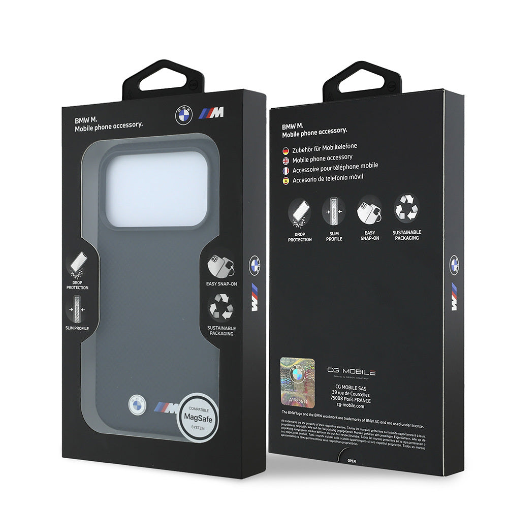Apple iPhone 18 Pro Max Kılıf BMW Orjinal Lisanslı M-safe Şarj Özellikli Metal Logolu Karbon Fiber Kevlar Kapak Siyah
