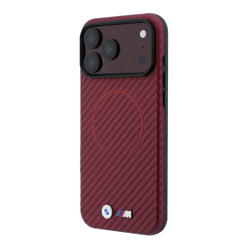 Apple iPhone 18 Pro Max Kılıf BMW Orjinal Lisanslı M-safe Şarj Özellikli PU Metal Logolu Kırmızı Halka Tasarımlı Kapak Bordo