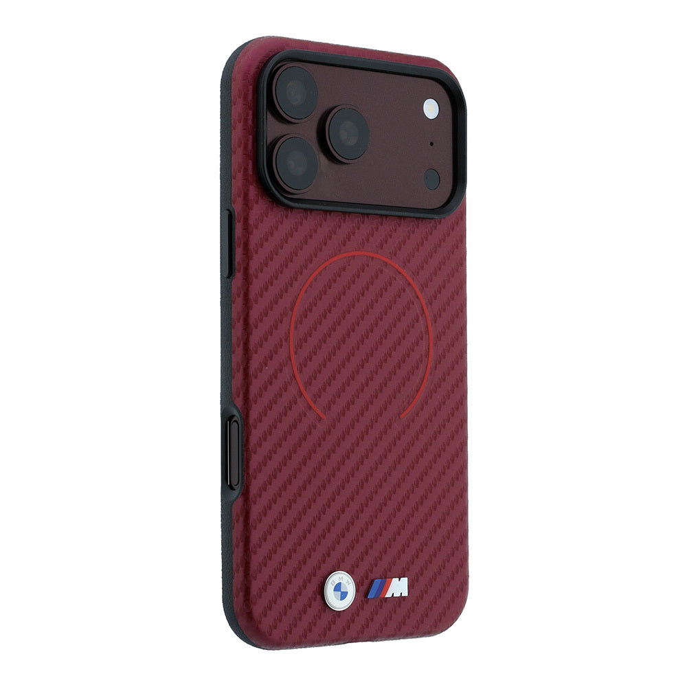 Apple iPhone 18 Pro Max Kılıf BMW Orjinal Lisanslı M-safe Şarj Özellikli PU Metal Logolu Kırmızı Halka Tasarımlı Kapak Bordo