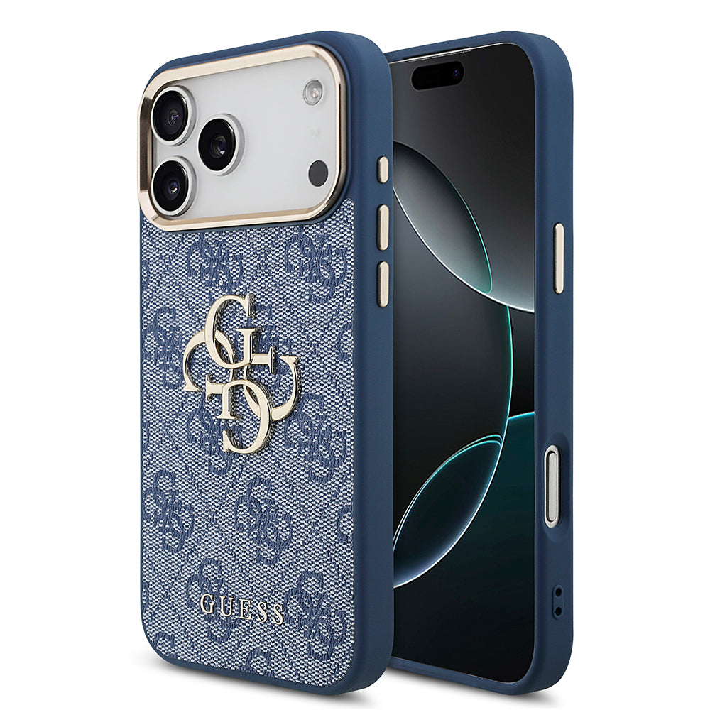 Apple iPhone 18 Pro Max Kılıf Guess Orjinal Lisanslı Gold Metal Kamera Çerçeveli 4G Desenli Metal Büyük 4G ve Yazı Logolu Kapak Mavi