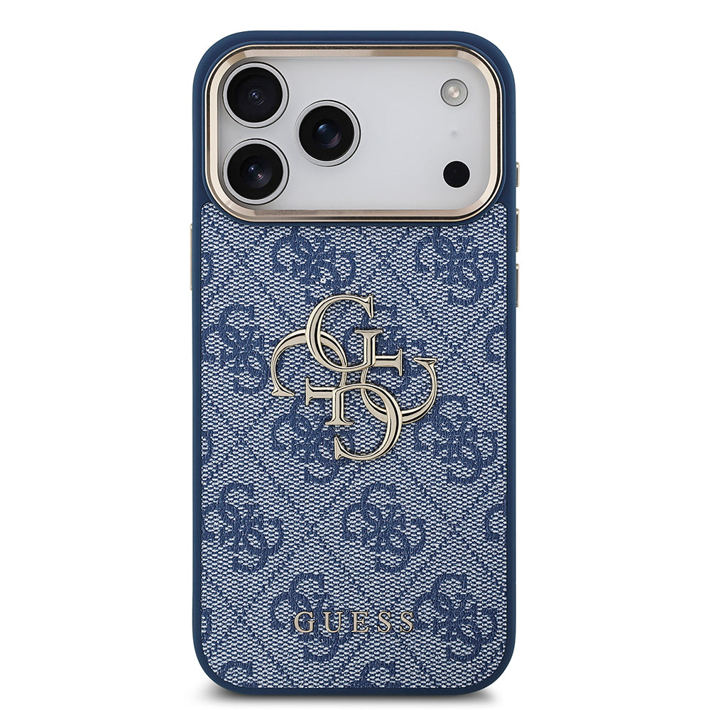 Apple iPhone 18 Pro Max Kılıf Guess Orjinal Lisanslı Gold Metal Kamera Çerçeveli 4G Desenli Metal Büyük 4G ve Yazı Logolu Kapak Mavi