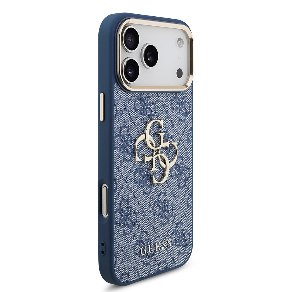 Apple iPhone 18 Pro Max Kılıf Guess Orjinal Lisanslı Gold Metal Kamera Çerçeveli 4G Desenli Metal Büyük 4G ve Yazı Logolu Kapak Mavi