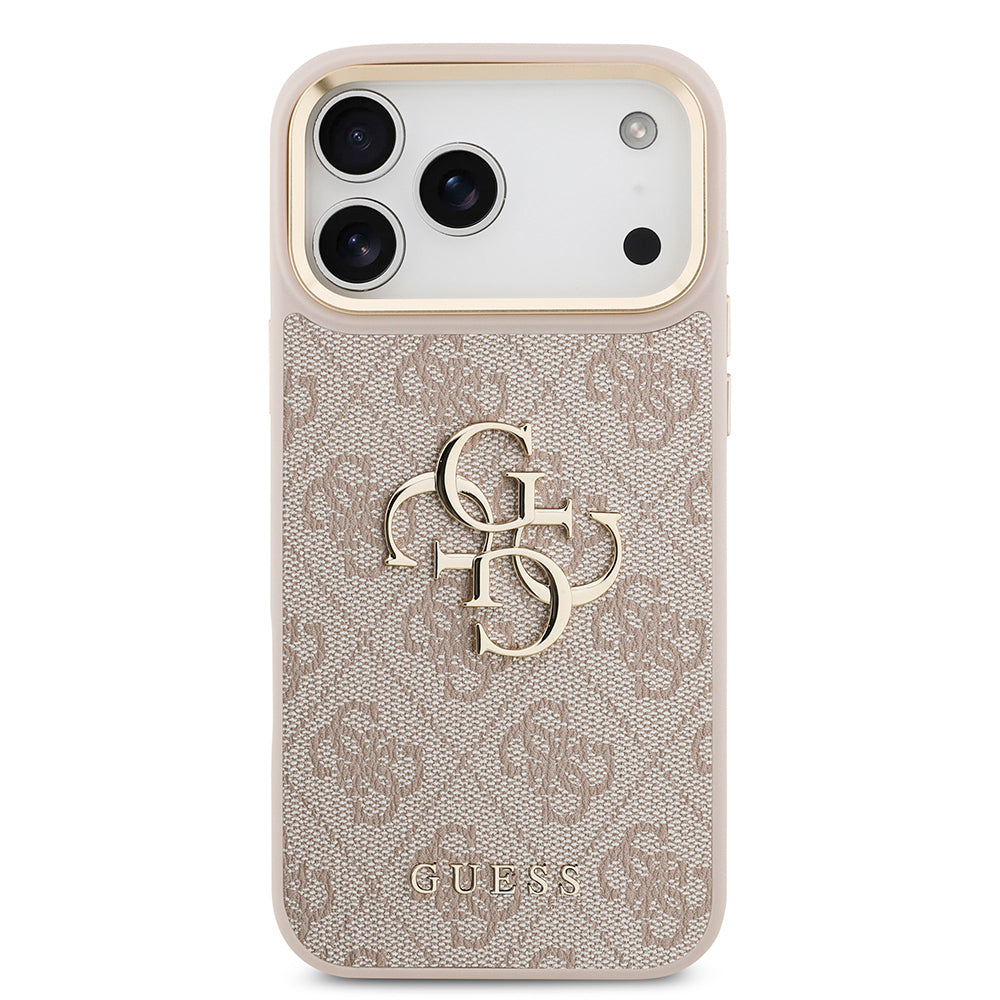 Apple iPhone 18 Pro Max Kılıf Guess Orjinal Lisanslı Gold Metal Kamera Çerçeveli 4G Desenli Metal Büyük 4G ve Yazı Logolu Kapak Pembe