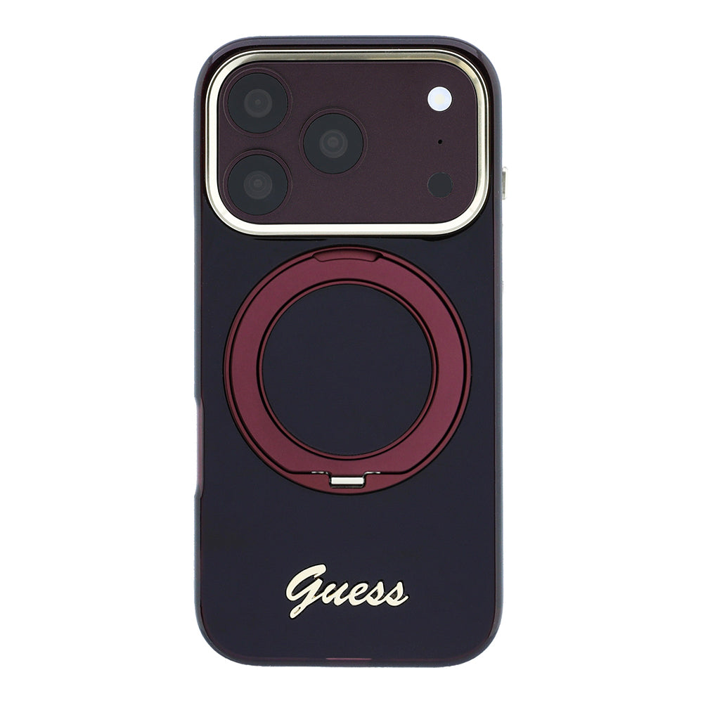 Apple iPhone 18 Pro Max Kılıf Guess Orjinal Lisanslı M-safe Şarj Özellikli 360 Derece Dönebilen Standlı Metal Yazı Logolu Silikon Kapak Bordo