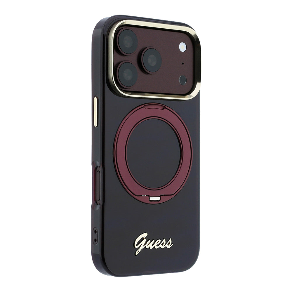 Apple iPhone 18 Pro Max Kılıf Guess Orjinal Lisanslı M-safe Şarj Özellikli 360 Derece Dönebilen Standlı Metal Yazı Logolu Silikon Kapak Bordo