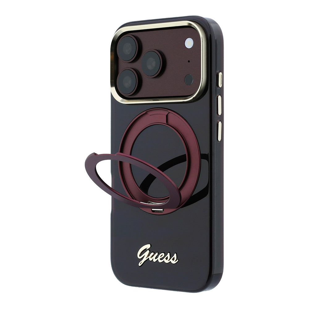 Apple iPhone 18 Pro Max Kılıf Guess Orjinal Lisanslı M-safe Şarj Özellikli 360 Derece Dönebilen Standlı Metal Yazı Logolu Silikon Kapak Bordo