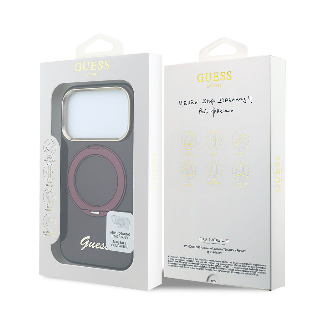 Apple iPhone 18 Pro Max Kılıf Guess Orjinal Lisanslı M-safe Şarj Özellikli 360 Derece Dönebilen Standlı Metal Yazı Logolu Silikon Kapak Bordo