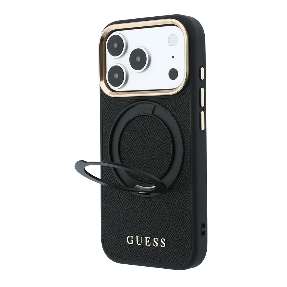 Apple iPhone 18 Pro Max Kılıf Guess Orjinal Lisanslı M-safe Şarj Özellikli 360 Derece Dönebilen Standlı PU Metal Yazı Logolu Kapak Siyah