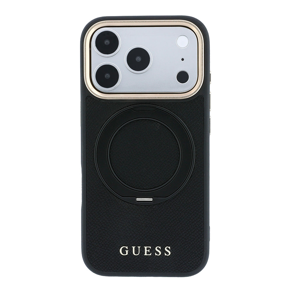 Apple iPhone 18 Pro Max Kılıf Guess Orjinal Lisanslı M-safe Şarj Özellikli 360 Derece Dönebilen Standlı PU Metal Yazı Logolu Kapak Siyah