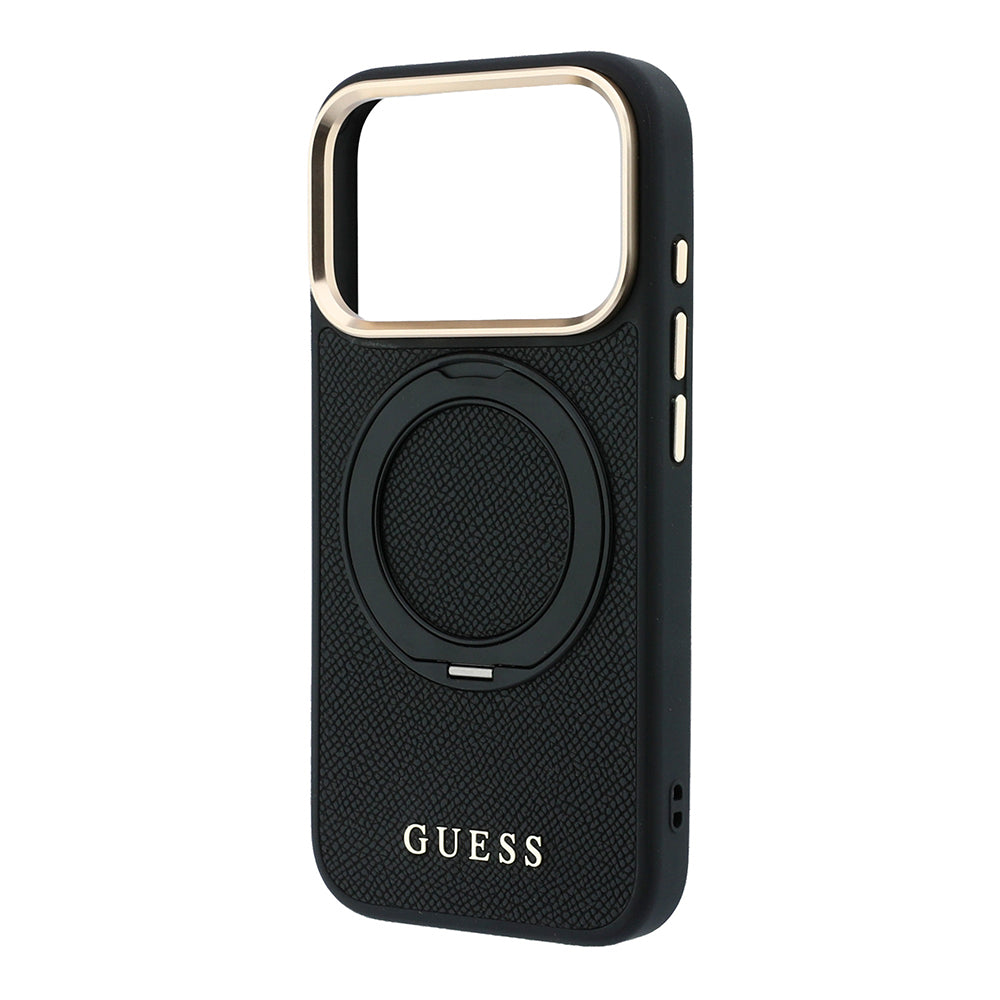 Apple iPhone 18 Pro Max Kılıf Guess Orjinal Lisanslı M-safe Şarj Özellikli 360 Derece Dönebilen Standlı PU Metal Yazı Logolu Kapak Siyah