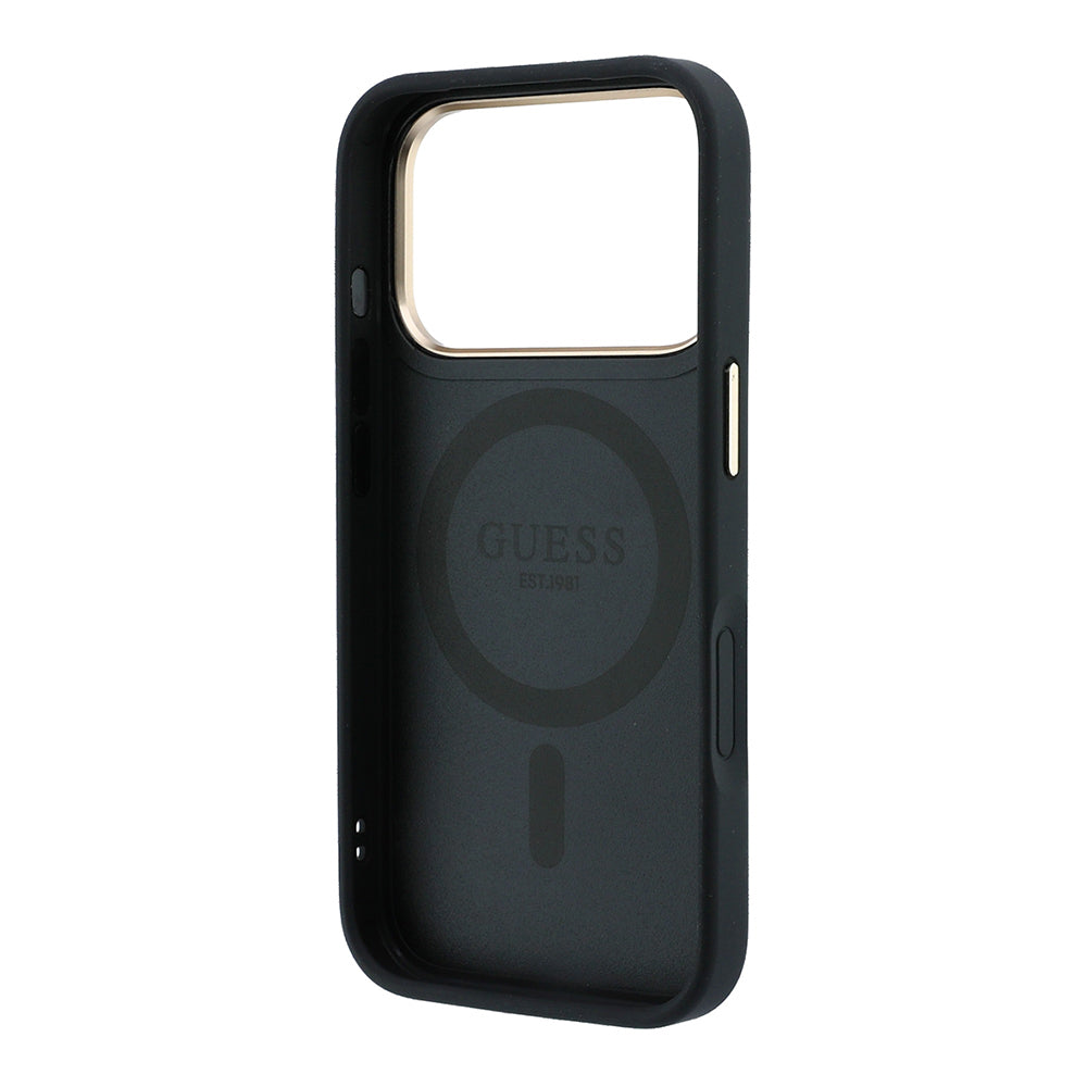 Apple iPhone 18 Pro Max Kılıf Guess Orjinal Lisanslı M-safe Şarj Özellikli 360 Derece Dönebilen Standlı PU Metal Yazı Logolu Kapak Siyah