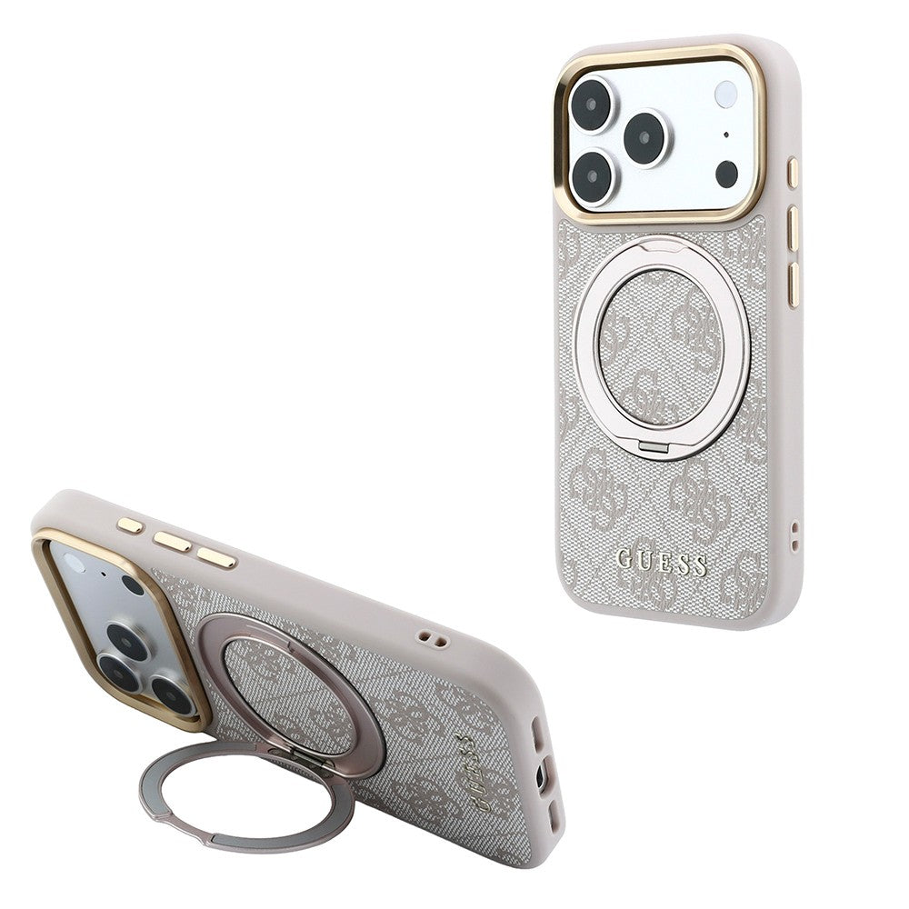 Apple iPhone 18 Pro Max Kılıf Guess Orjinal Lisanslı M-safe Şarj Özellikli 4G Desenli 360 Derece Dönebilen Standlı Metal Yazı Logolu Kapak Pembe