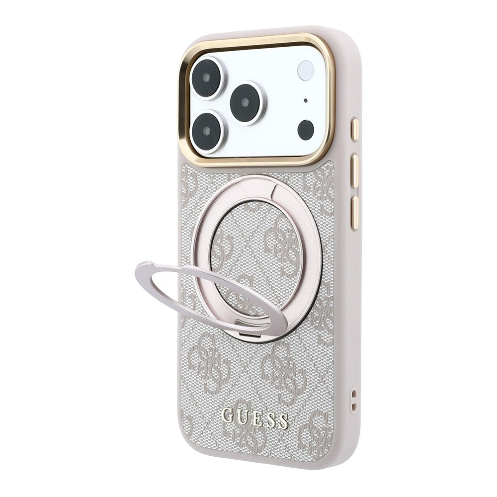 Apple iPhone 18 Pro Max Kılıf Guess Orjinal Lisanslı M-safe Şarj Özellikli 4G Desenli 360 Derece Dönebilen Standlı Metal Yazı Logolu Kapak Pembe