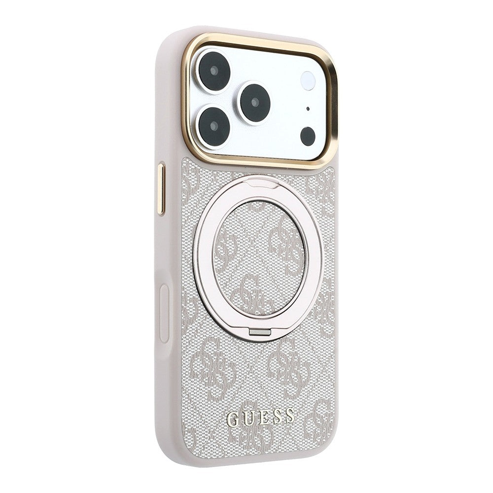 Apple iPhone 18 Pro Max Kılıf Guess Orjinal Lisanslı M-safe Şarj Özellikli 4G Desenli 360 Derece Dönebilen Standlı Metal Yazı Logolu Kapak Pembe