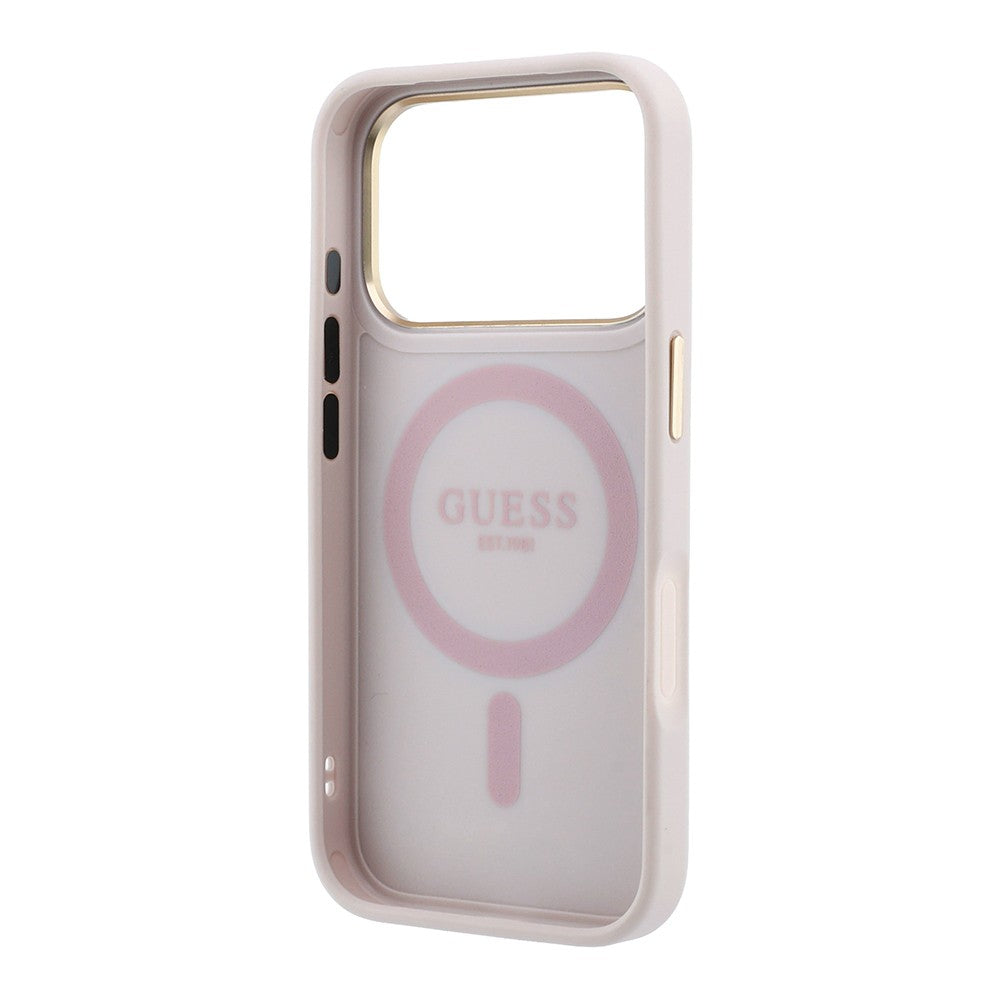 Apple iPhone 18 Pro Max Kılıf Guess Orjinal Lisanslı M-safe Şarj Özellikli 4G Desenli 360 Derece Dönebilen Standlı Metal Yazı Logolu Kapak Pembe