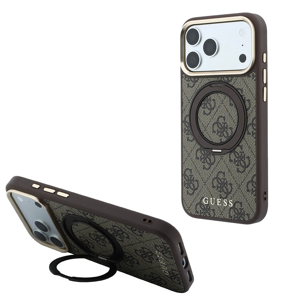 Apple iPhone 18 Pro Max Kılıf Guess Orjinal Lisanslı M-safe Şarj Özellikli 4G Desenli 360 Derece Dönebilen Standlı Metal Yazı Logolu Kapak Kahverengi