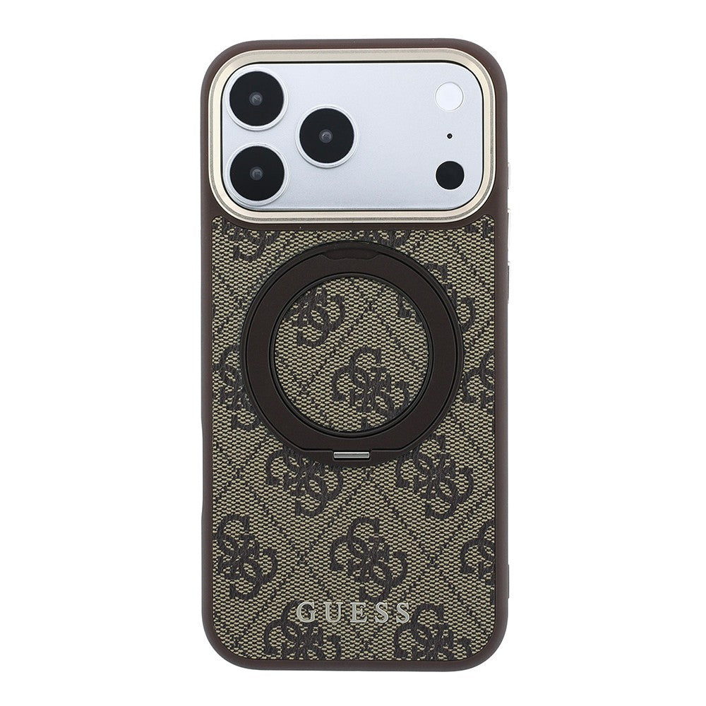 Apple iPhone 18 Pro Max Kılıf Guess Orjinal Lisanslı M-safe Şarj Özellikli 4G Desenli 360 Derece Dönebilen Standlı Metal Yazı Logolu Kapak Kahverengi