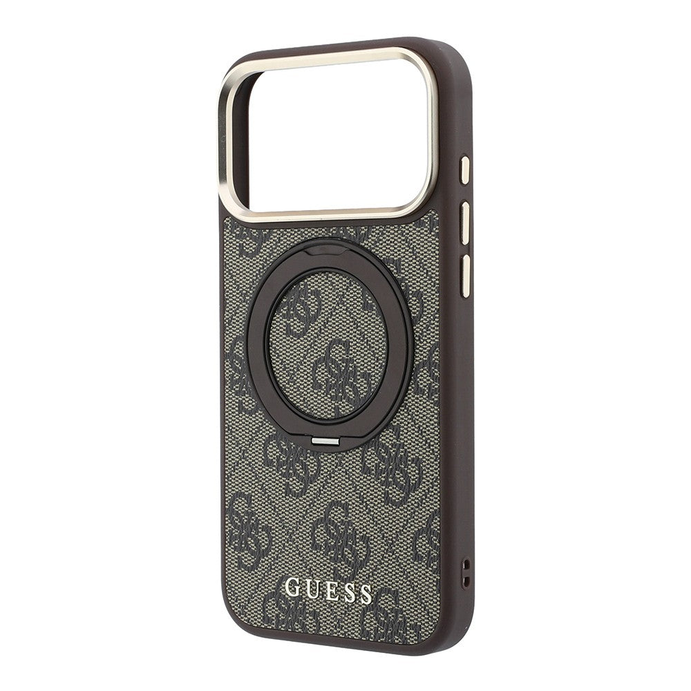 Apple iPhone 18 Pro Max Kılıf Guess Orjinal Lisanslı M-safe Şarj Özellikli 4G Desenli 360 Derece Dönebilen Standlı Metal Yazı Logolu Kapak Kahverengi