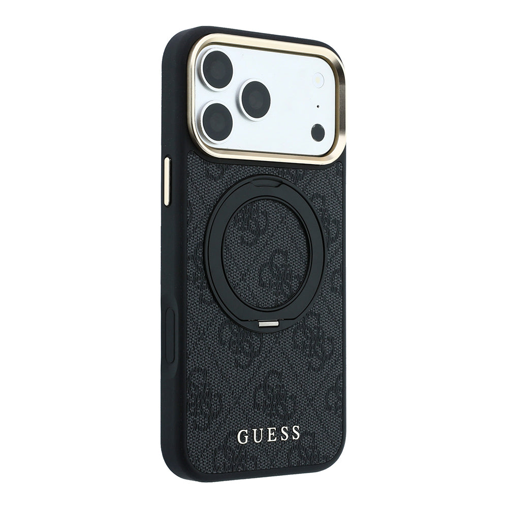 Apple iPhone 18 Pro Max Kılıf Guess Orjinal Lisanslı M-safe Şarj Özellikli 4G Desenli 360 Derece Dönebilen Standlı Metal Yazı Logolu Kapak Siyah