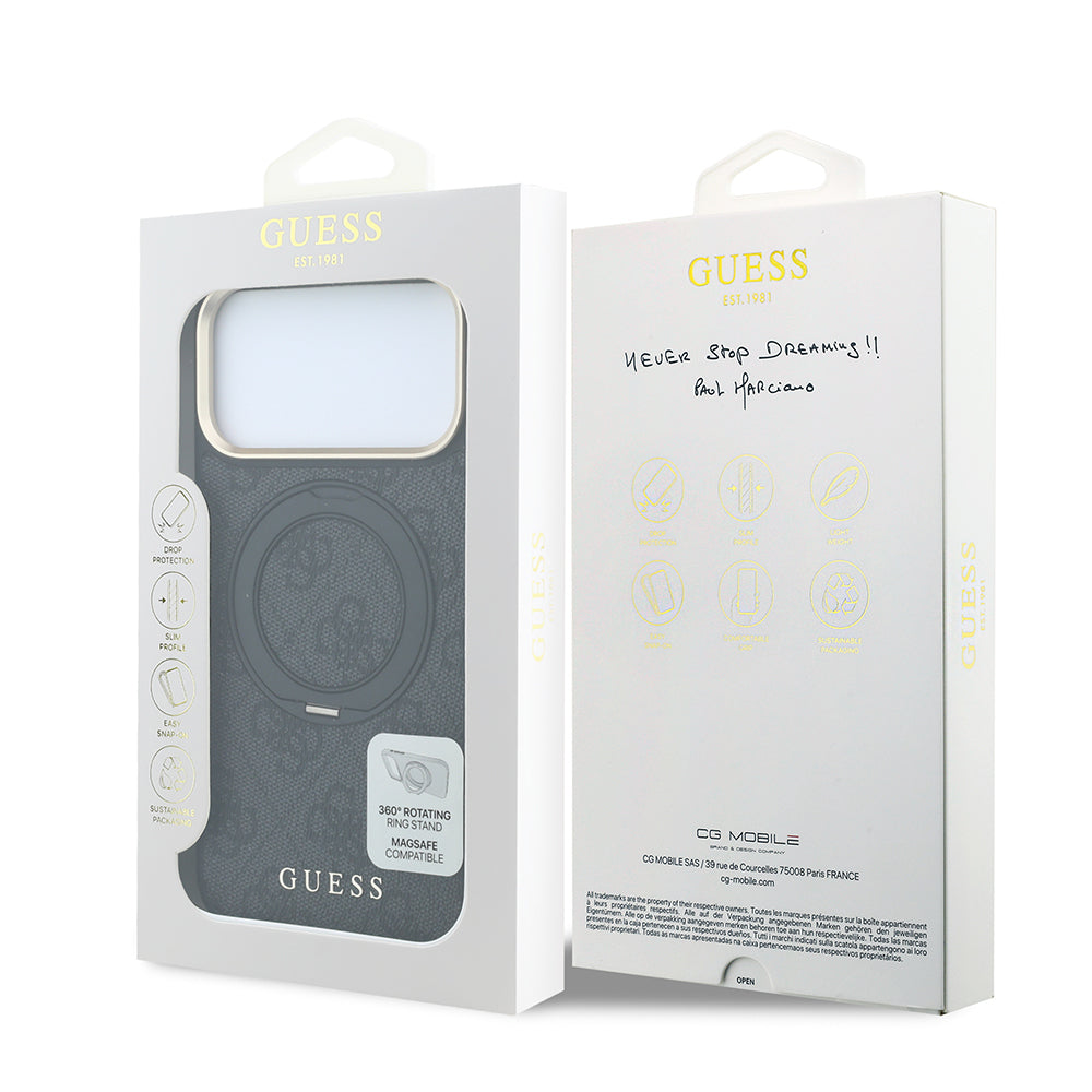 Apple iPhone 18 Pro Max Kılıf Guess Orjinal Lisanslı M-safe Şarj Özellikli 4G Desenli 360 Derece Dönebilen Standlı Metal Yazı Logolu Kapak Siyah
