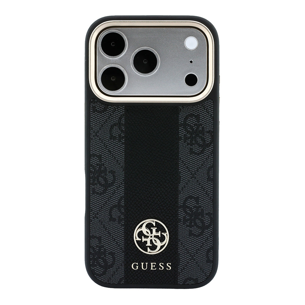 Apple iPhone 18 Pro Max Kılıf Guess Orjinal Lisanslı M-safe Şarj Özellikli Deri 4G Desenli Şeritli Yazı Logolu Kapak Siyah