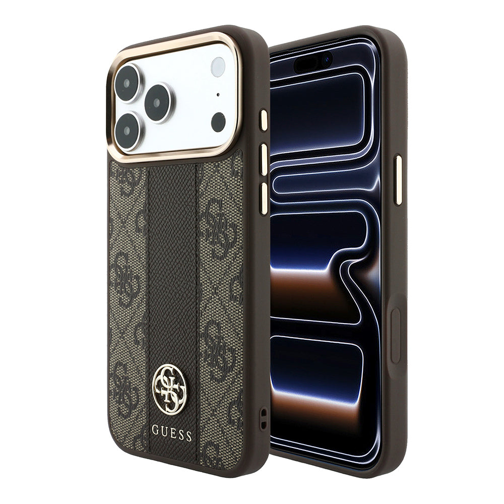 Apple iPhone 18 Pro Max Kılıf Guess Orjinal Lisanslı M-safe Şarj Özellikli Deri 4G Desenli Şeritli Yazı Logolu Kapak Kahverengi
