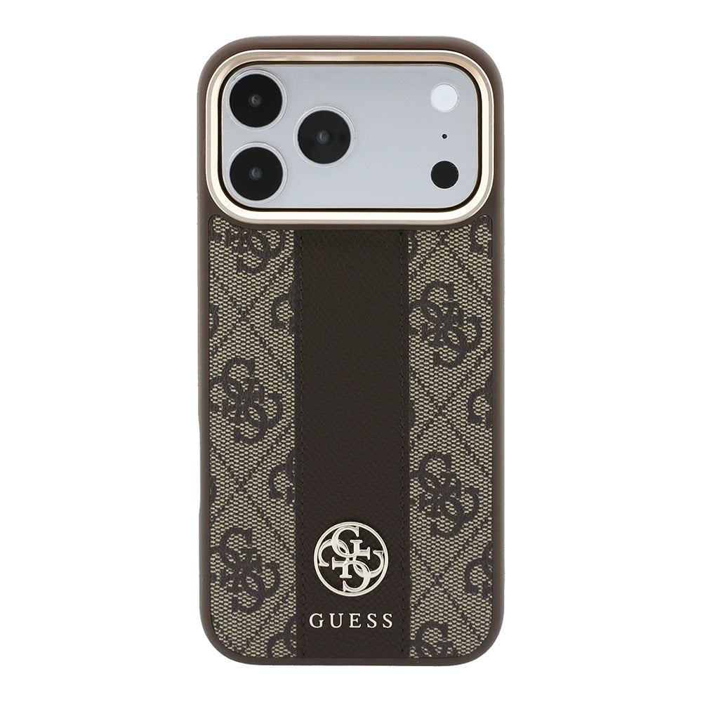 Apple iPhone 18 Pro Max Kılıf Guess Orjinal Lisanslı M-safe Şarj Özellikli Deri 4G Desenli Şeritli Yazı Logolu Kapak Kahverengi