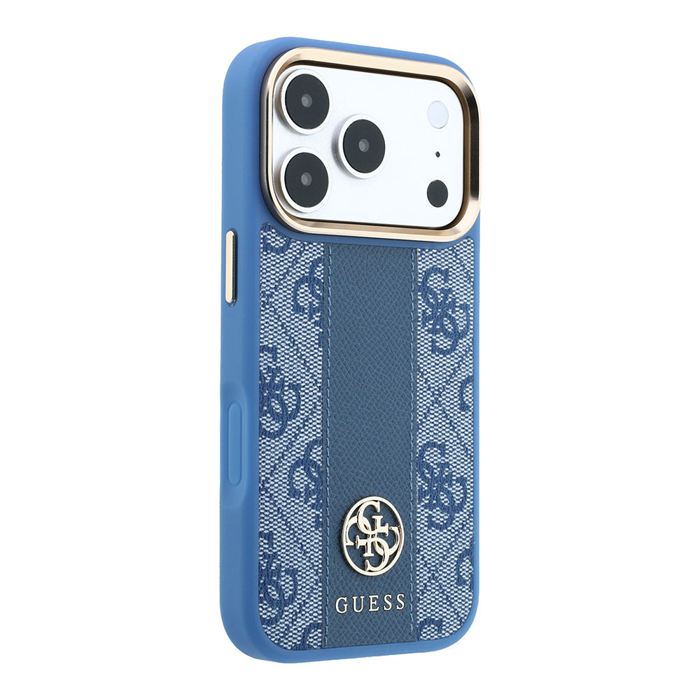 Apple iPhone 18 Pro Max Kılıf Guess Orjinal Lisanslı M-safe Şarj Özellikli Deri 4G Desenli Şeritli Yazı Logolu Kapak Mavi