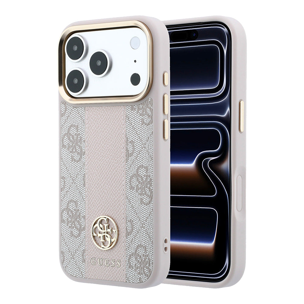 Apple iPhone 18 Pro Max Kılıf Guess Orjinal Lisanslı M-safe Şarj Özellikli Deri 4G Desenli Şeritli Yazı Logolu Kapak Pembe