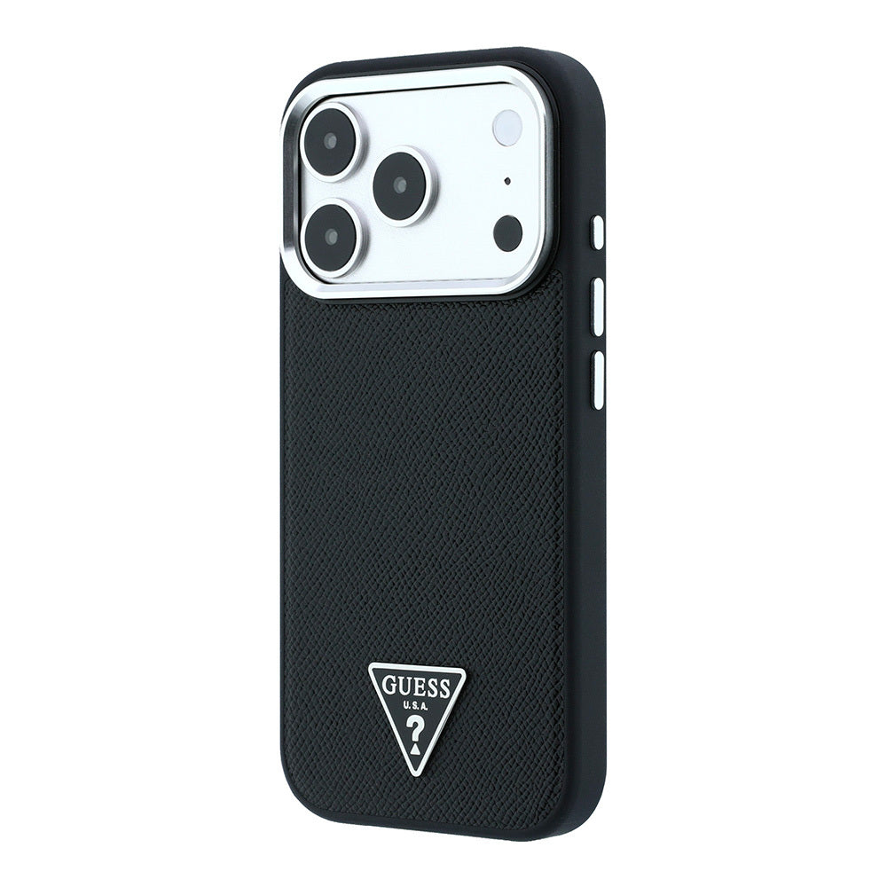 Apple iPhone 18 Pro Max Kılıf Guess Orjinal Lisanslı M-safe Şarj Özellikli Grained Triangle Kapak Siyah