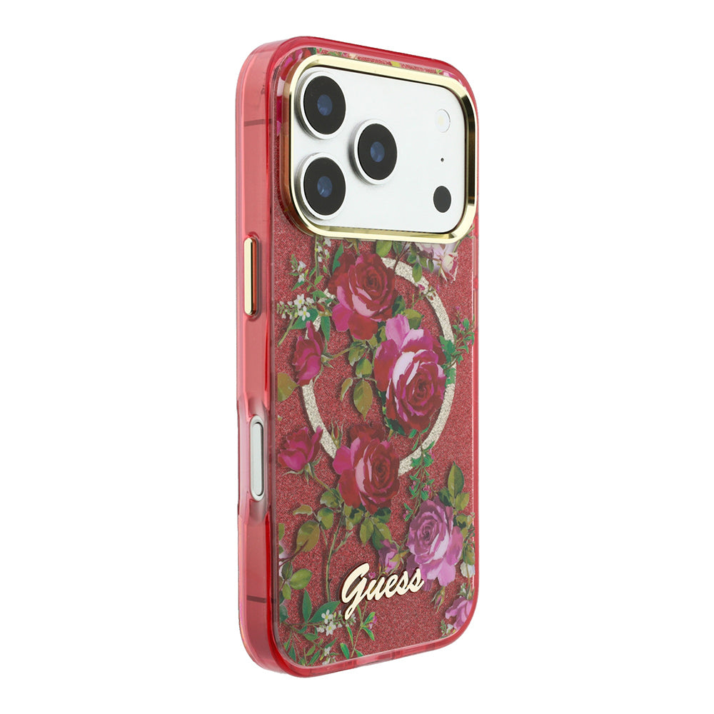 Apple iPhone 18 Pro Max Kılıf Guess Orjinal Lisanslı M-safe Şarj Özellikli Gül Desenli Simli Yazı Logolu Kapak Bordo