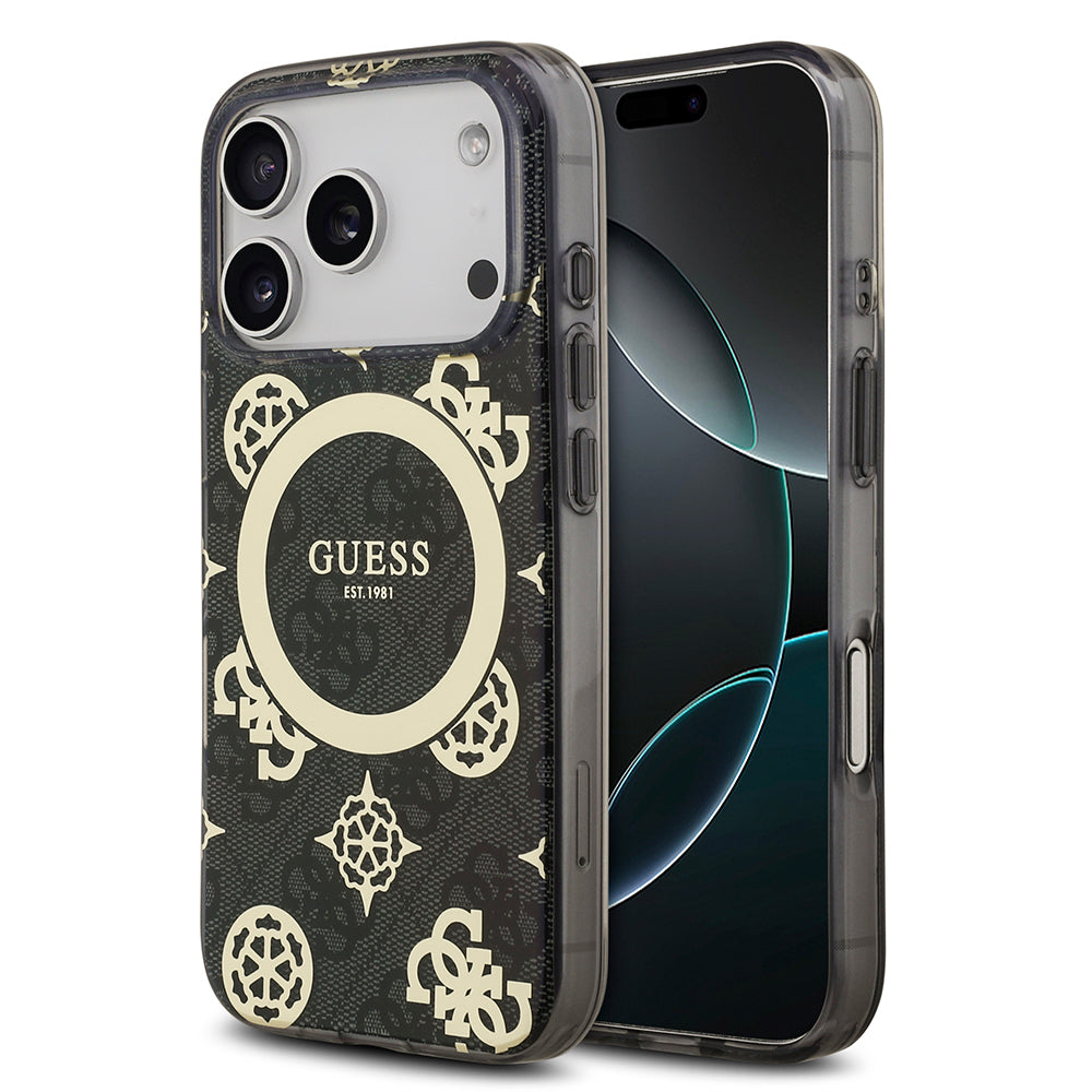 Apple iPhone 18 Pro Max Kılıf Guess Orjinal Lisanslı M-safe Şarj Özellikli IML Peony ve 4G Desenli Klasik Logolu Kapak Siyah
