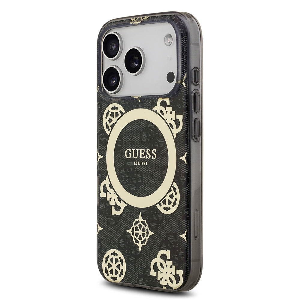 Apple iPhone 18 Pro Max Kılıf Guess Orjinal Lisanslı M-safe Şarj Özellikli IML Peony ve 4G Desenli Klasik Logolu Kapak Siyah