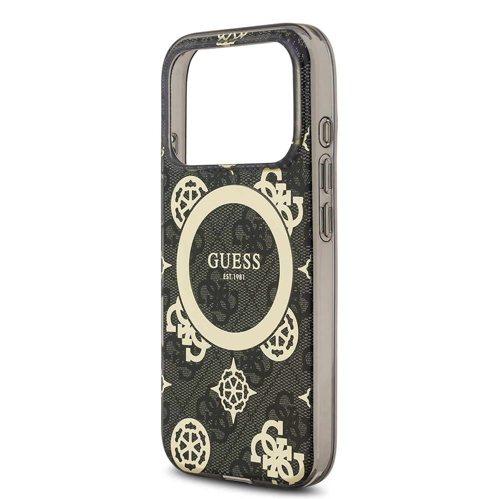 Apple iPhone 18 Pro Max Kılıf Guess Orjinal Lisanslı M-safe Şarj Özellikli IML Peony ve 4G Desenli Klasik Logolu Kapak Siyah