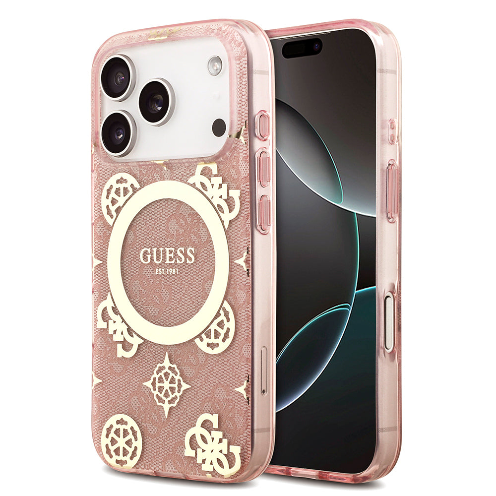 Apple iPhone 18 Pro Max Kılıf Guess Orjinal Lisanslı M-safe Şarj Özellikli IML Peony ve 4G Desenli Klasik Logolu Kapak Pembe